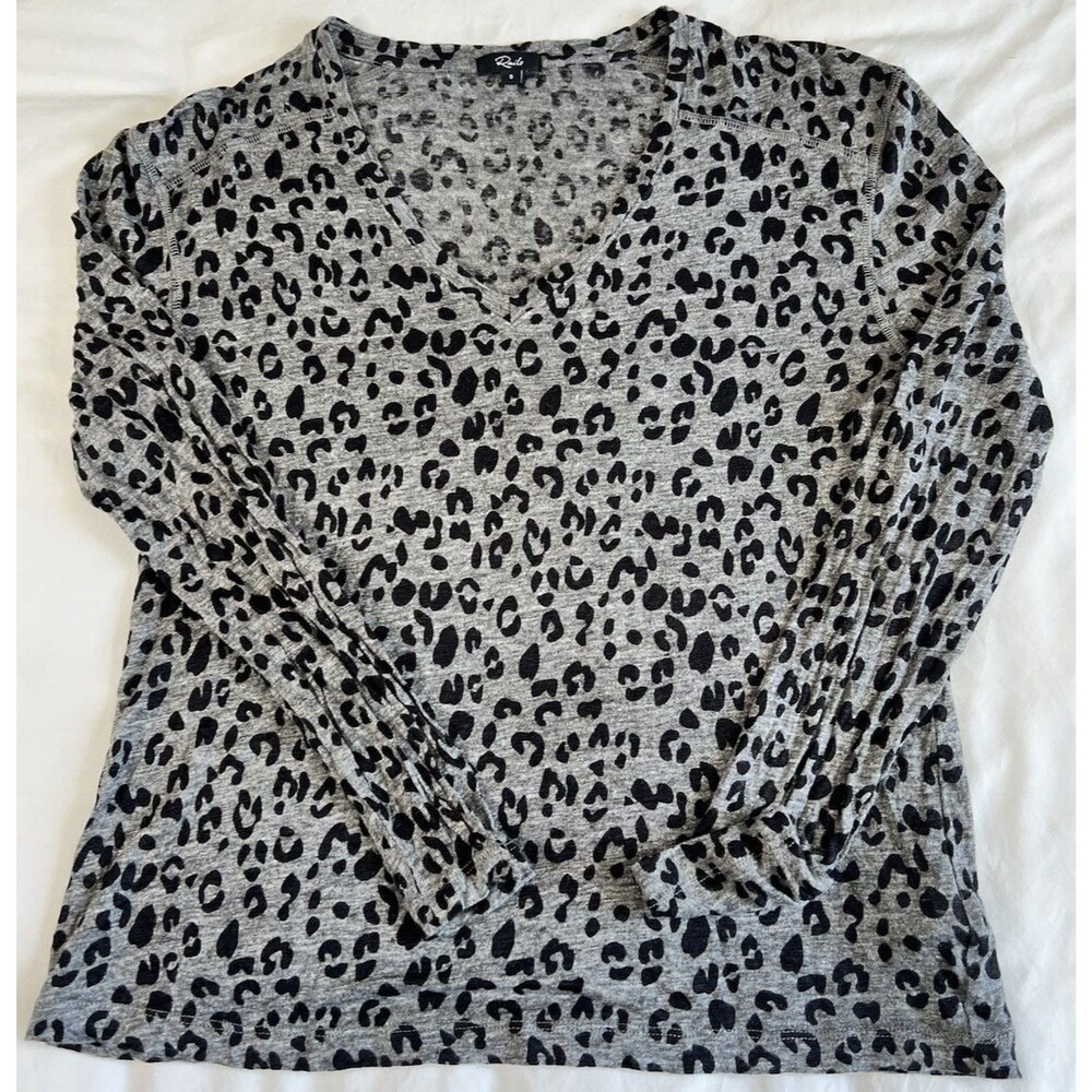 Rails Womens Sami T Shirt Charcoal Leopard Print V Neck 100% Linen Small